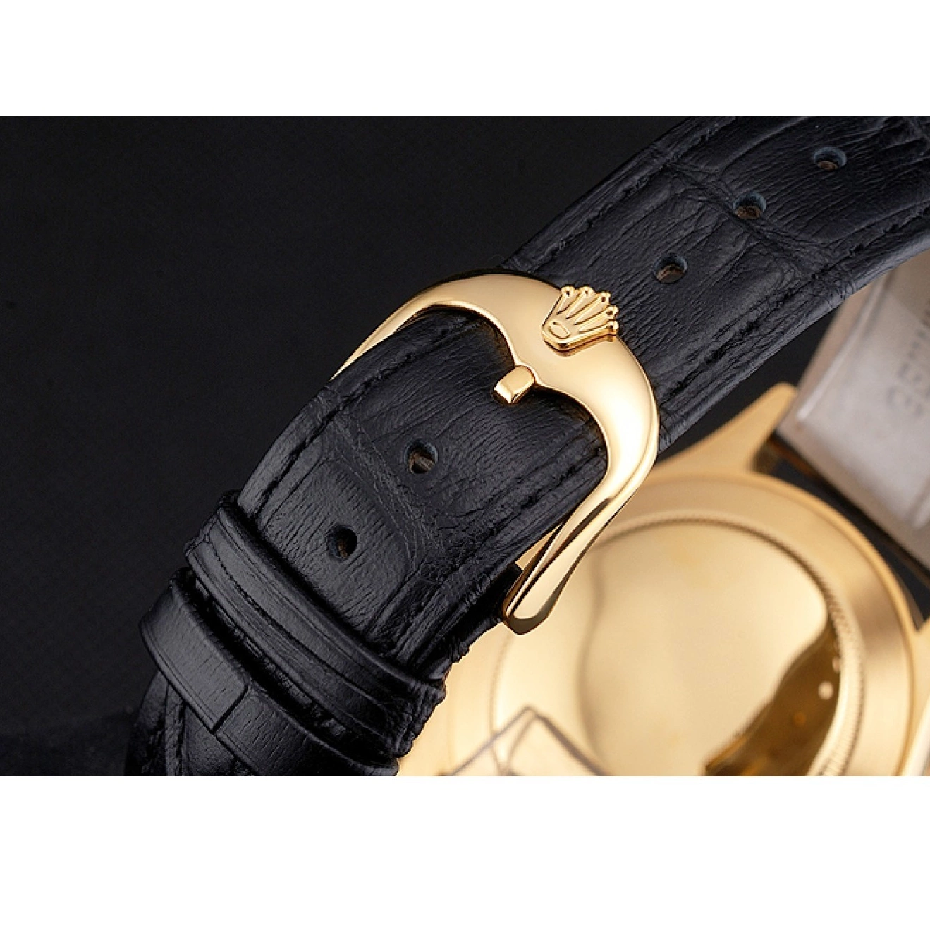 Aaa replica Black Dial Gold Datejust Strap Swiss Case Rolex Black Leather 0521